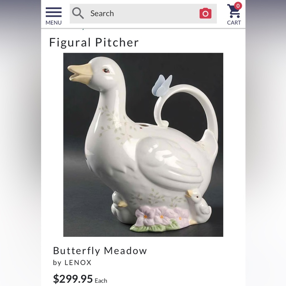 LN Lenox Butterfly Meadow Duck Pitcher- New replacement costs $299.95 as shown.